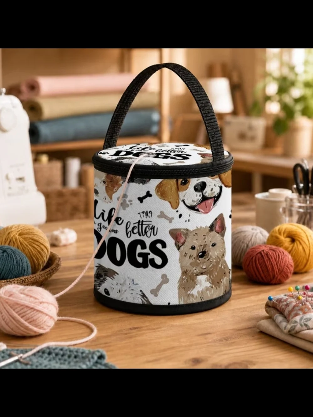 Dogs Pattern Round Crochet Yarn Case - White with Black Trim